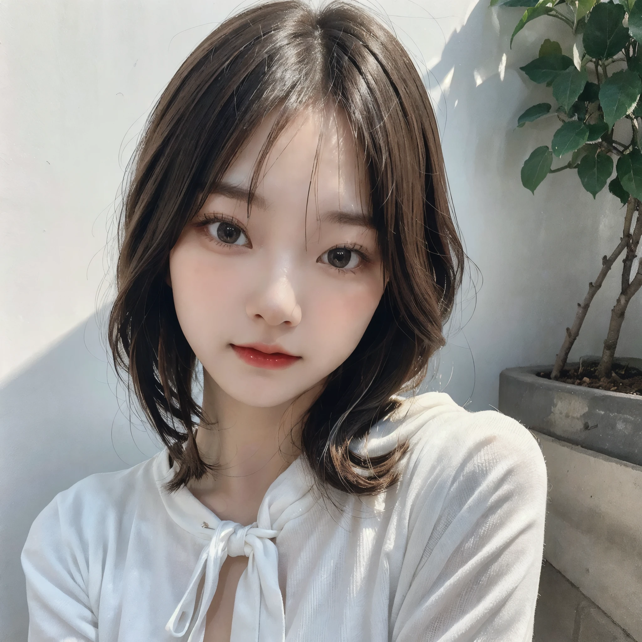 Visual blockbuster on the theme of hairstyle, Chinese girl with short hair, fashionable clothing with light hair, Chinese girl looking frontally at the camera, without makeup highlighting the texture and pores of facial skin, full color picture, close up - white solid background