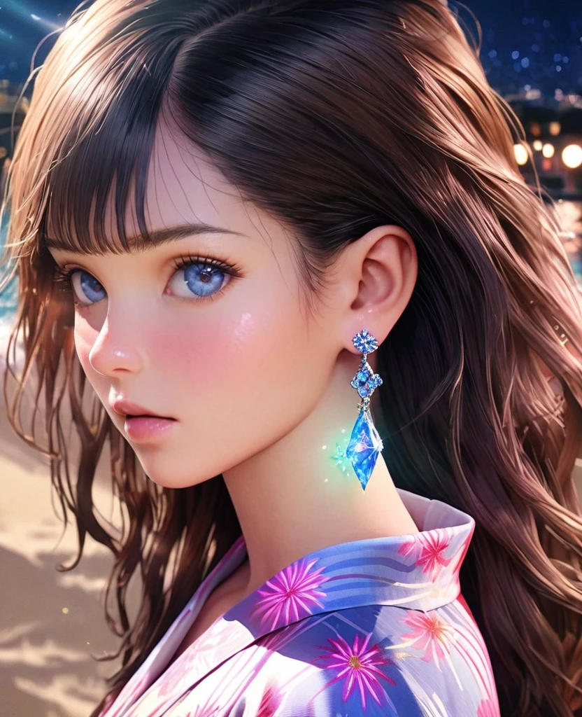 photorealistic,8K,Beauty,gal,an extremely delicate and beautiful,Beautiful and realistic skin,very beautiful, kawaii,Shiny jewel-like earrings,glowing tattoo,Long colerful hair,blue eyes,whole body,Summer beach,Sparkly yukata,Sparkling night background,High nose