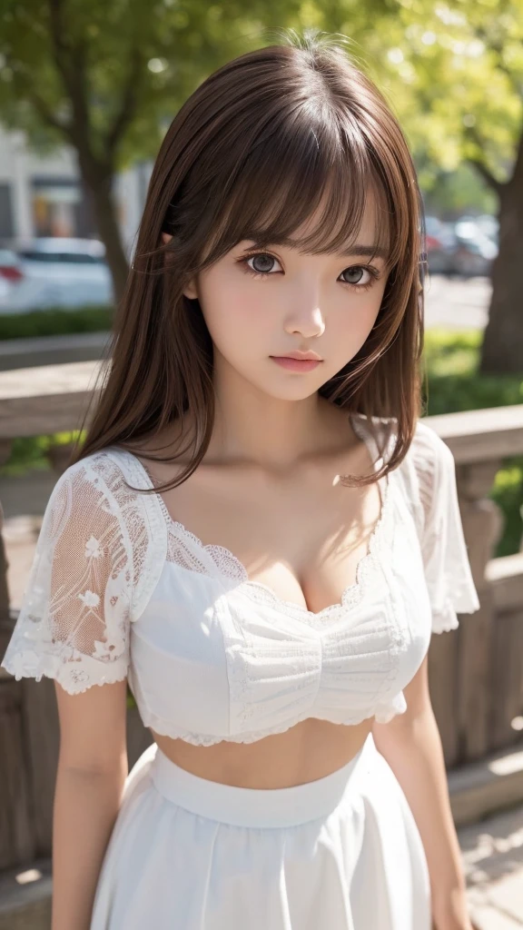 Full Body Shot、Cute Skirt、one girl, (a beauty girl, Delicate girl:1.3), (20age:1.3), break, (Cute Shirt:1.5), break, (stand), break, Very fine grain definition, (Symmetrical eyes:1.3), break, Ample breasts, Brown eyes, Parted bangs, Brown Hair, girl, break, (Eye and facial details:1.0), (Full Body Shot, Face Focus:1.0), break, (masterpiece, Highest quality, Super detailed, Detailed face, 8K)
