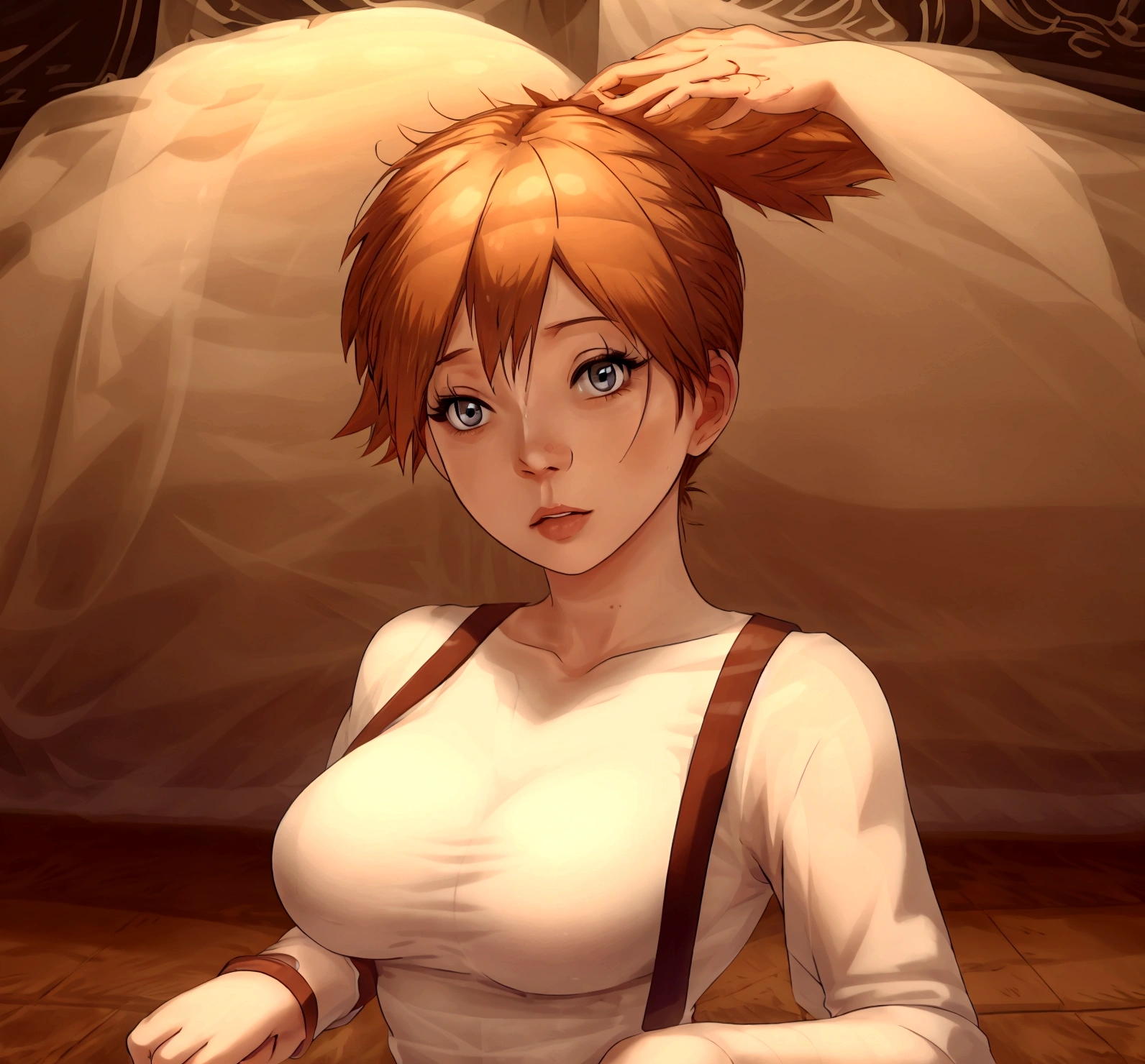 A young woman with beautiful detailed eyes, beautiful detailed lips, extremely detailed eyes and face, long eyelashes, wearing a white shirt and orange tight shorts, Misty from Pokemon, Hooters work uniform, hyper realistic, digital art, highly detailed, 8k, photorealistic, dramatic lighting, cinematic color grading, dramatic pose, volumetric fog, depth of field, masterpiece