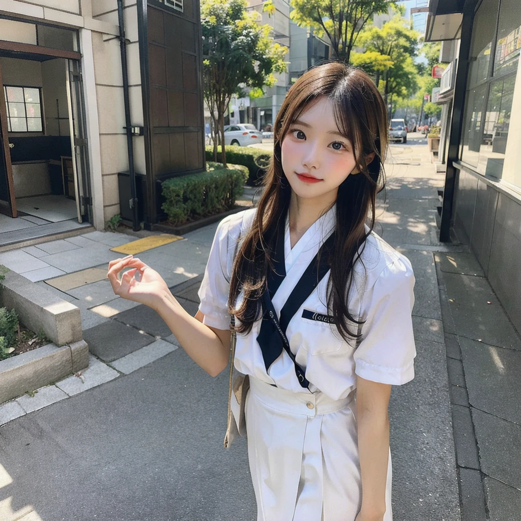 A full-body selfie photo of a pretty Japanese girl, posted on Snapchat in 2018, with smooth hair. She is wearing a summer uniform and standing from head to toe, capturing her entire figure.
