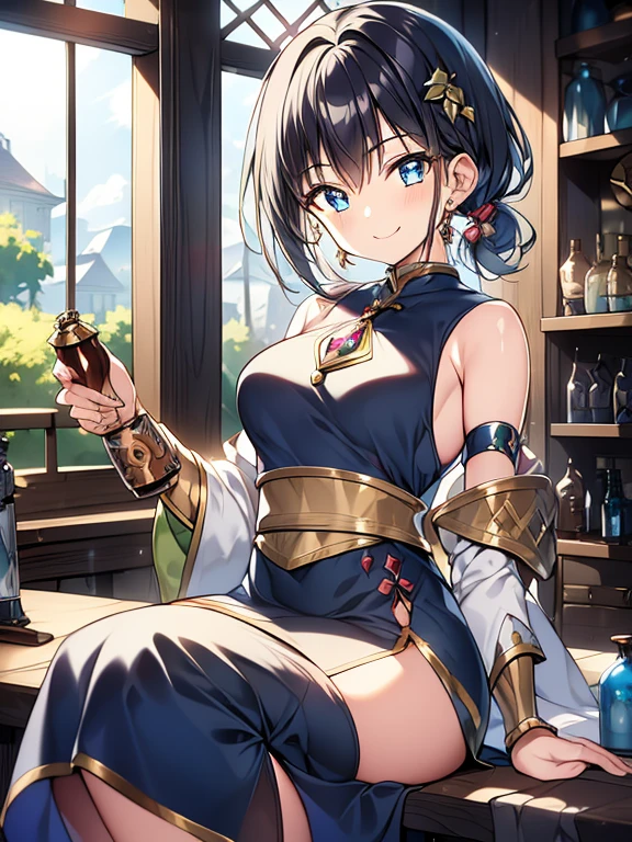 (fantasy:1.5),(anime,8k,masterpiece, top quality, best quality,beautiful and aesthetic:1.2,professional illustrasion:1.1,ultra detail:1.3,perfect lighting),extremely detailed,highest detailed,incredibly absurdres , highres, ultra detailed,intricate:1.6,(Alchemy Workshop:1.4),(A girl mixing Medicine in many small bottles,holding small potion),colorful:1.4,zentangle,(highly detailed beautiful face and eyes,firm breasts),oily skin,(black,hair,short bob with short pony tail hair)),thin pubic hair,cute,lovely,17 years old girl,alchemist costume,random Clothing,smile,in the kitchen,smile,seductive smiling,(with sparkling eyes and a contagious smile), Looking at Viewer,
