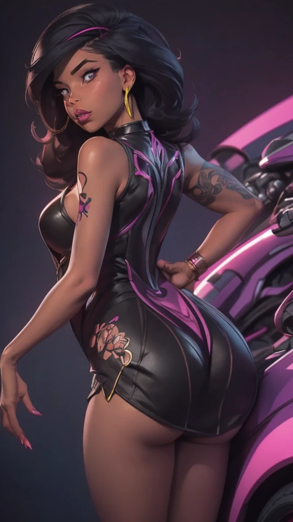 highly detailed portrait of 2 tatooed women, one black woman in a mini-dress and one Caucasian woman in a mini-dress, 2girls, by Atey ghailan, by greg rutkowski, by greg tocchini, by James gilleard, by Joe Fenton, by Kaethe butcher, voluptuous, super detailed face, ample curvaceous, highly detailed accentuated big booty with phenomenal detailed booty cheeks, great aesthetics, gradient purple, neon color scheme, grunge aesthetics, nightclub background, cinematic lighting, 32k, uhd,