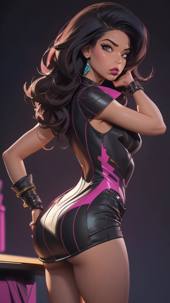 masterpiece:1.2, best quality,  Belladonna, cat ears, long hair, purple body suit, black gloves, high heels medium breasts, black hair, yellow eyes,, full body, up close, standing, cyberpunk background, blur, neon lights, roof top, in the rain, overlooking city, upper body, ((side view)), up close, looking at viewer,