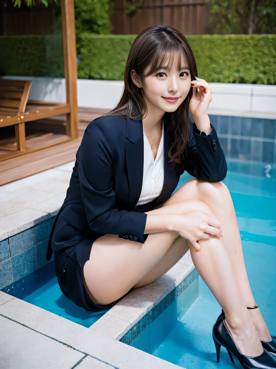 wet office lady suit and miniskirt、huge 、Medium brown hair、25-year-old gravure idol、Shiny, oily skin、Shiny thighs、Sit and cross your legs、By the pool