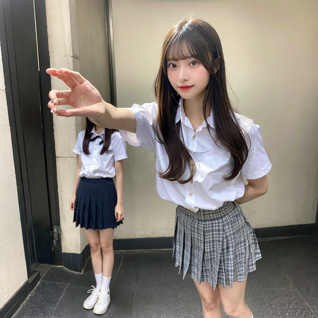 A full-body selfie photo of a pretty Japanese girl, posted on Snapchat in 2018, with smooth hair. She is wearing a summer uniform and standing from head to toe, capturing her entire figure.