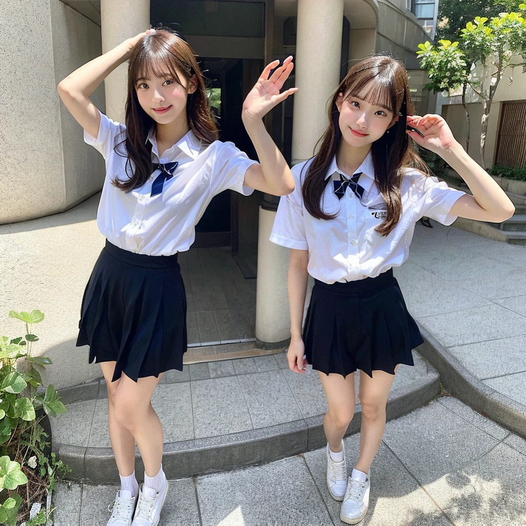 A full-body selfie photo of a pretty Japanese girl, posted on Snapchat in 2018, with smooth hair. She is wearing a summer uniform and standing from head to toe, capturing her entire figure.