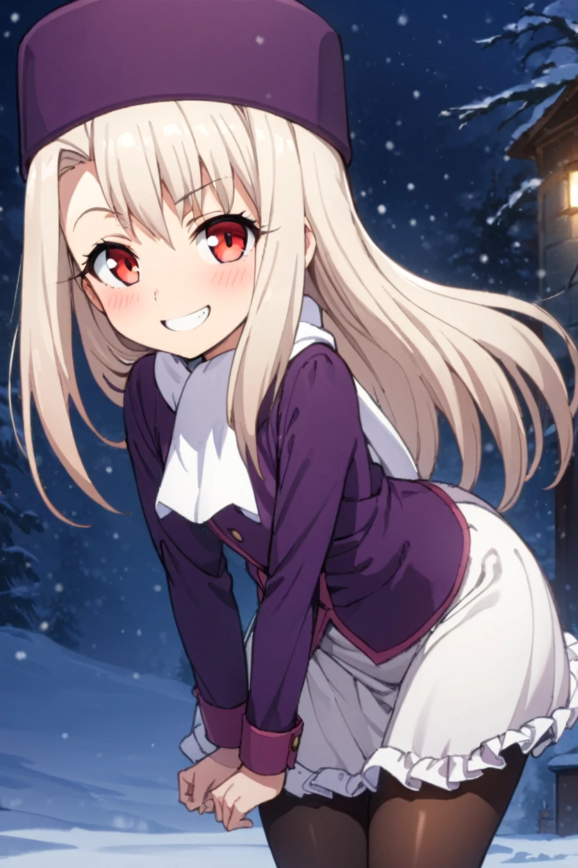 ((masterpiece,best quality)), highres, cute, eyelashes  leaning forward, upper body, head tilt, raised eyebrow,  illyasviel von einzbern, solo, long hair, red eyes, white hair, skirt, shirt, long sleeves, boots, ascot, white skirt, frilled skirt, purple shirt, hat, boots, scarf, coat, capelet, white scarf, purple headwear, fur hat, papakha,  smile, wide hips,  snow,  night, blush, grin, smile, standing, cowboy shot, indoors, bedroom, looking at viewer, pantyhose, nose, nsfw, nude, (Random Hairstyles)、Big eyes、tall)、Beautiful Hair、Beautiful Eyes、Perfect proportions、Beautiful thighs、Beautiful legs、Beautiful fingers、((High-quality fabric、brown knit vest、Short sleeve white collar shirt、Navy Pleated Skirt、A bow tie))、After school in the classroom、(smile)、(((((Skirt Lift、White panties are visible)))))