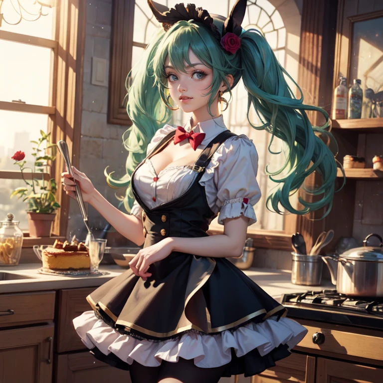 1girl, centered girl, perfectly body, perfectly hands, solo, jewelry, magenta roses, rabbit jewel on her hair, ornament hair, twintails, rabbit jewel on her hair, purple hair, long hair, long flowing hair, floating hair, ornament hair, perfectly body, perfectly hands, rose on hair, magenta rose on hair, Looking at the viewer, on the kitchen, stand up close to window, cakes, flowing hair, Beautiful Eyes, Plump and glossy lips, maid, black dress with too many frills, black maid dress, magenta laces, maid black Short skirt, maid small skirt, black skirt with layers, Drape clothes, magenta gem, Lace trim, luxury gold details, gold jewelry, more details, best quality, Big sparkling eyes, blushing, black Striped Lace Stockings, black Lolita skirt, sparkle, solo, centered girl, cowboy shot, perfectly body, perfectly hands, two arms, two legs, two hands, five fingers, cake, perfect anatomy, glowing hair, magenta roses, on the kitchen, sparkles, more details on her clothes, maid black dress with transparency, ornament hair, perfectly body, perfectly hands, wave hair, light green hair, long hair, maid, maid dress, maid headdress, maid apron, garden through the window, bakery, kitchen scenery, gold lantern, bakery utensils, holding a pastry brush, black dress, more details on her clothes, black dress, golden details, rabbit, smiling, ((4k, masterpiece, top-quality)),8k, best quality, high resolution, HD, (illustration:0.8), super cute girl, delicate and beautiful face, 1girl, solo, mature girl, super cute hairstyle, (beautiful detailed eyes:1.6), extremely detailed face, perfect lighting, extremely detailed CG, (perfect hands, perfect anatomy), Best quality, cleavage, short skirt, full Body, cleavage