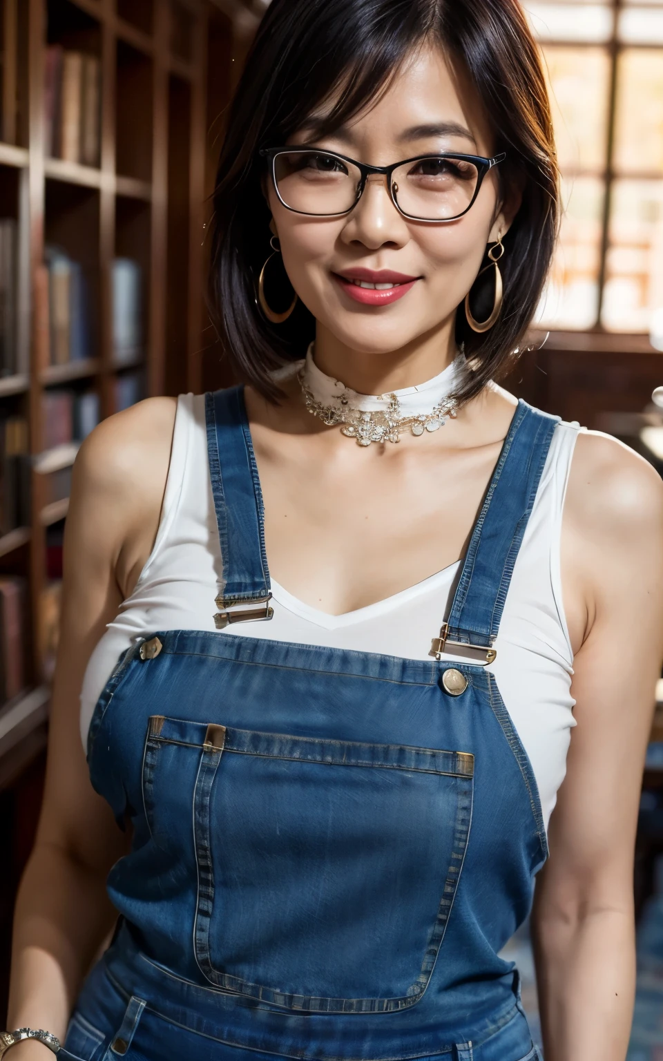 Denim overalls library 75 years old mom milf Chinese Lady large earring Big choker navel piercing decoration A bracelet Silver Hair realisitic Gorgeous Madame Beautiful Mature Woman sexly Smile Gentle woman navel piercing 4K High quality glasses Heavy chest Gorgeous Madame Beautiful Mature Woman