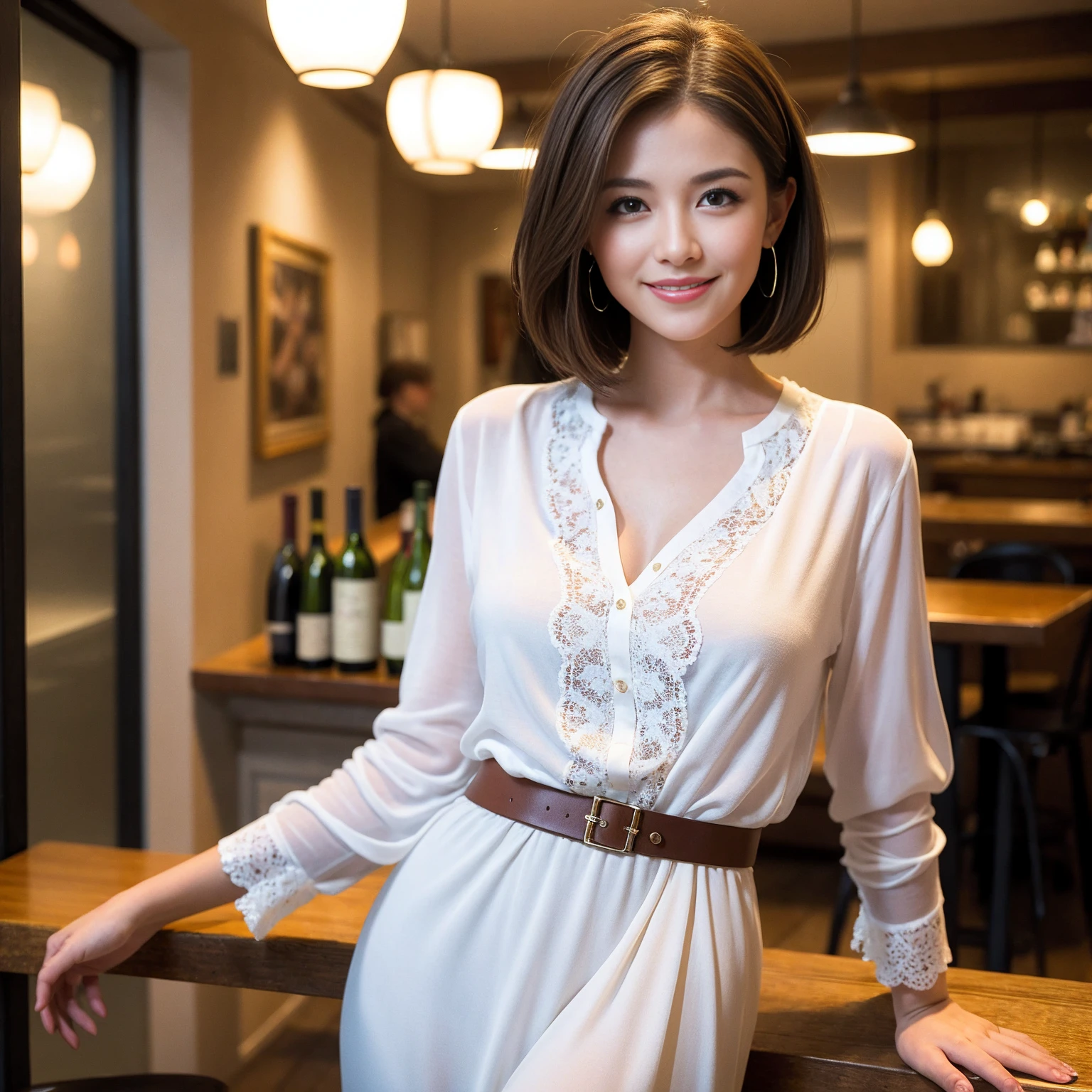 ((Highest quality、8K、masterpiece:1.3))、1 male、1 female、Couple、spouse、Couple、The body is slim、((Bob Hale、Straight hair:1.2)), (Realistic, Intricate details:1.2), テーブルの上のwine glass、Put the light on your face、 Amazing view of the sunset sky and clouds、Amazing mountain views、A bright smile、The wonderfulness of smile、Bright image、The beauty of wine, Beautiful Face, blue eyes, The light shines on your face, Blushing, short hair,Bright Face、 (Age 37), 39 years old, red wine 、Appetizers、Italian food、Wine bottle、Champagne、sparkling wine、Two beauties、Brown Hair、Shortcuts、Long sleeve shirt、dress、Beautiful woman 1, (slimな顔), (The body is slim), (Brown Hair), (Shortcuts), cheeks turn a little red,Attractive beauty、restaurant, In a prominent place (From the waist up) Nova Frog Style, actress, model, Upper Body, White wine, slim, wine glass, 中央に置かれたwine glass, smile, (smile: 1.15), Beautiful fine grain, Depth f/2,saturation, High Contrast, Strong light and shadow,Moist Body:1.5、3D texture、Delicate eyes、Brown Hair、The hair is very shiny、