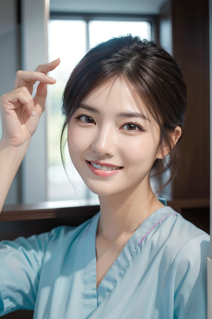 ((masterpiece)), ((Highest quality)), , Reality, high resolution, Ultra-detailed,2 women,Dental hygienist, 30th Generation, Delicate facial features, short hair, smile, dental clinic, ((indirect lighting)), Upper Body,Wearing medical scrubs