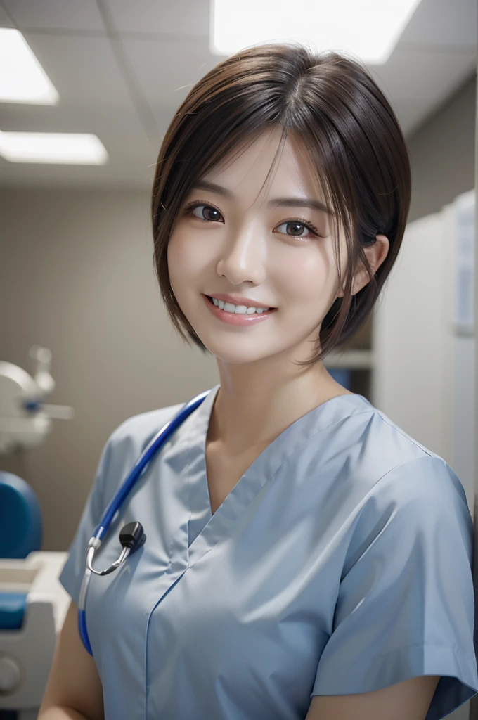 ((masterpiece)), ((Highest quality)), , Reality, high resolution, Ultra-detailed,2 women,Dental hygienist, 30th Generation, Delicate facial features, short hair, smile, dental clinic, ((indirect lighting)), Upper Body,Wearing medical scrubs