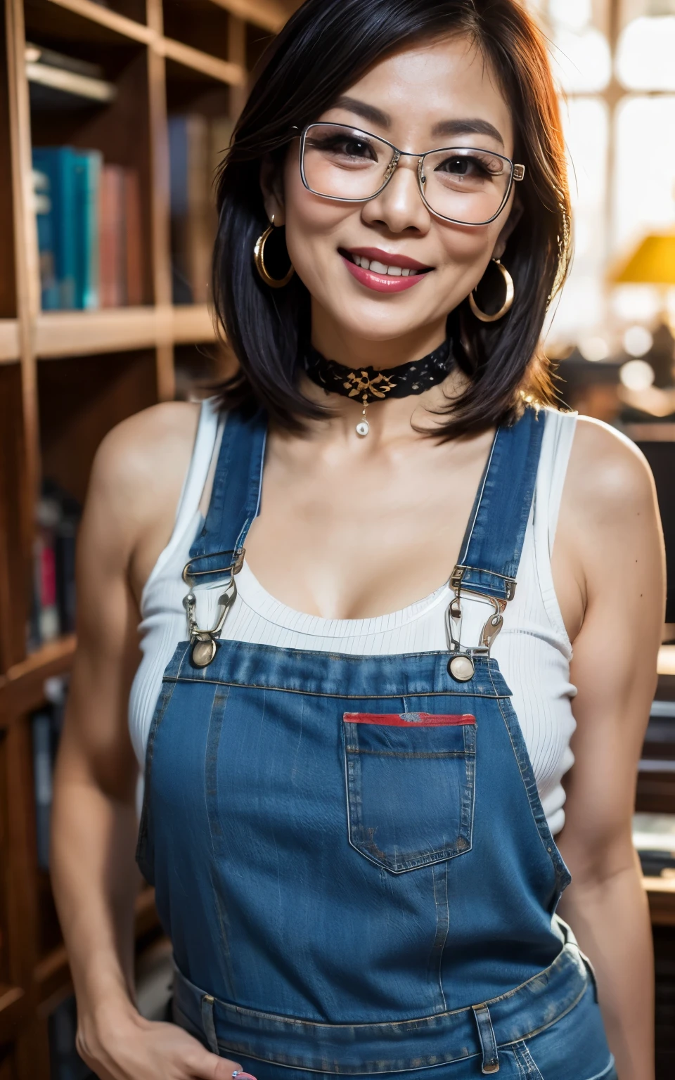 Denim overalls library 75 years old mom milf Chinese Lady large earring Big choker navel piercing decoration A bracelet Silver Hair realisitic Gorgeous Madame Beautiful Mature Woman sexly Smile Gentle woman navel piercing 4K High quality glasses Gorgeous Madame Beautiful Mature Woman