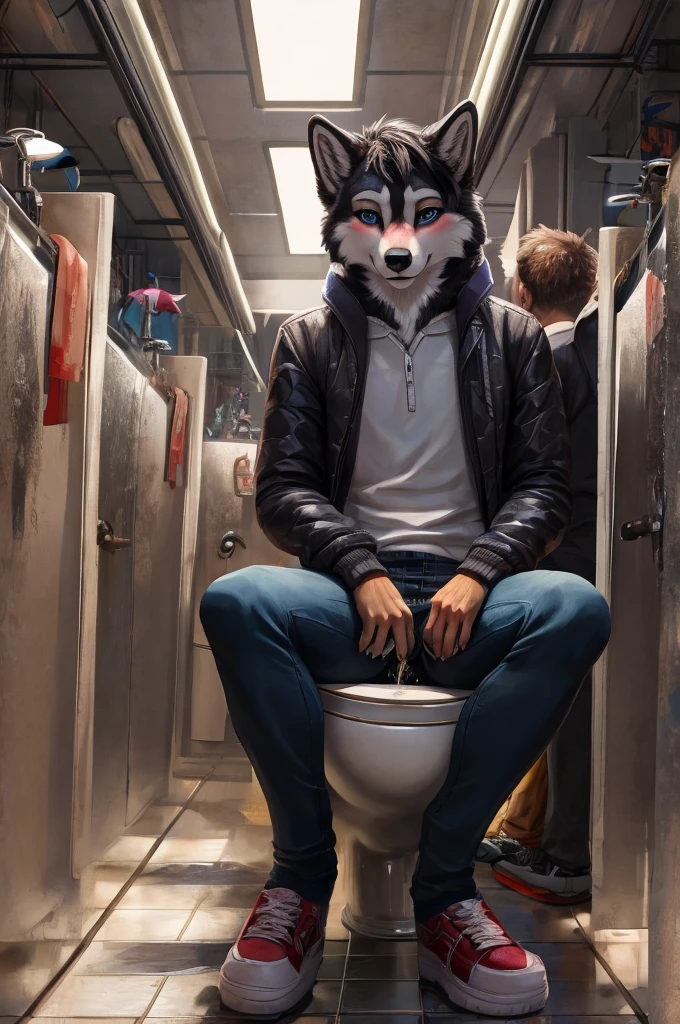 anthro female husky, ager, slim feminine body, crowded bathroom, people in the background, (detailed lighting), fluffy tail, (detailed fur), (detailed background), [detailed ambient light], [gray natural lighting], [realistic proportions], [explicit content], [sharp focus], ((masterpiece)), anatomically correct canine pussy, black genitalia, black anus, bright summer day, winter jacket, well lit genitals, presenting anus, long slim legs, surrounded by people, detailed canine pussy, puffy anus, pulling down pants, winter pants, pink panties, blushing, girl peeing in urinal, sitting on urinal