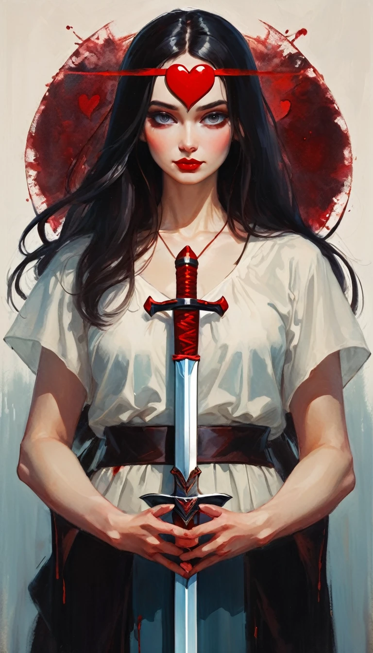 icon with a heart, a sword and blood(art inspired by Bill Sienkiewicz). oil painting)
