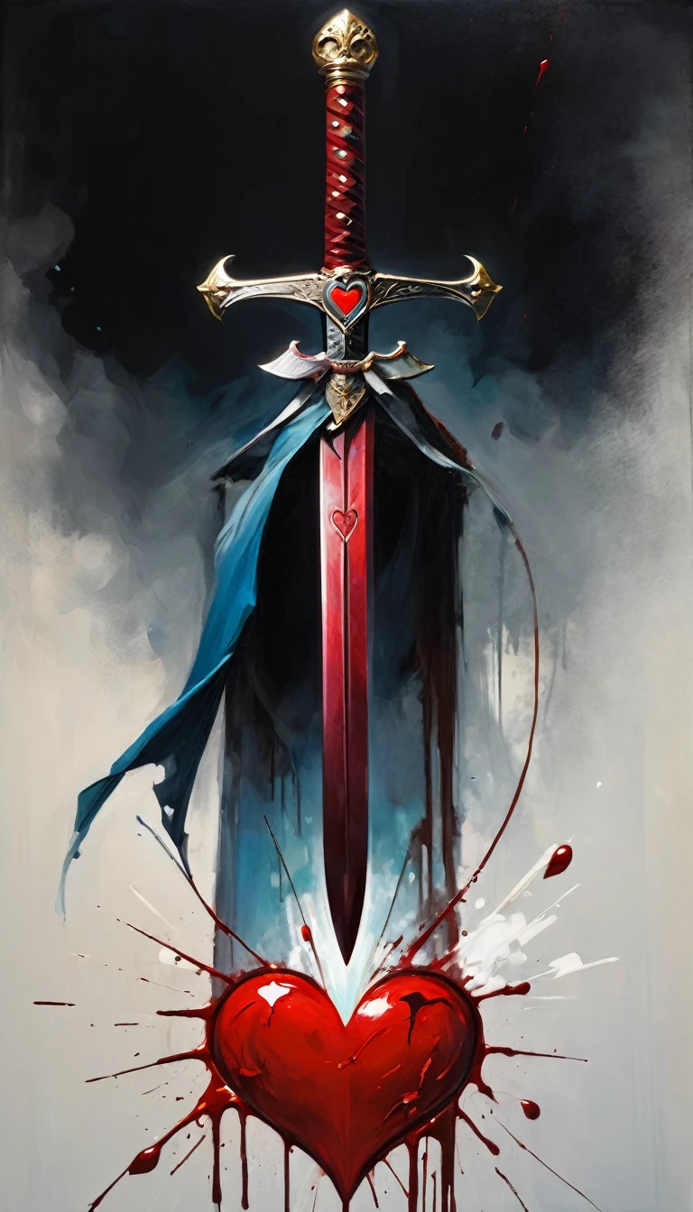 icon with a heart, a sword and blood(art inspired by Bill Sienkiewicz). oil painting)