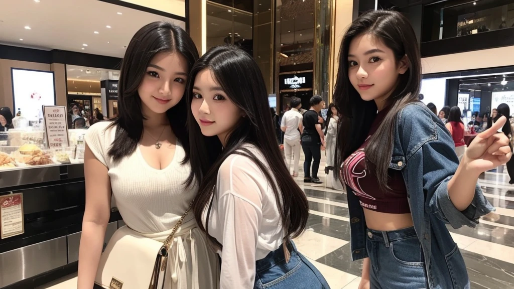 Indonesian girl 20-year-old  Hairstyle Casual, wearing  fashion rich clothes in mall selfie with her friend