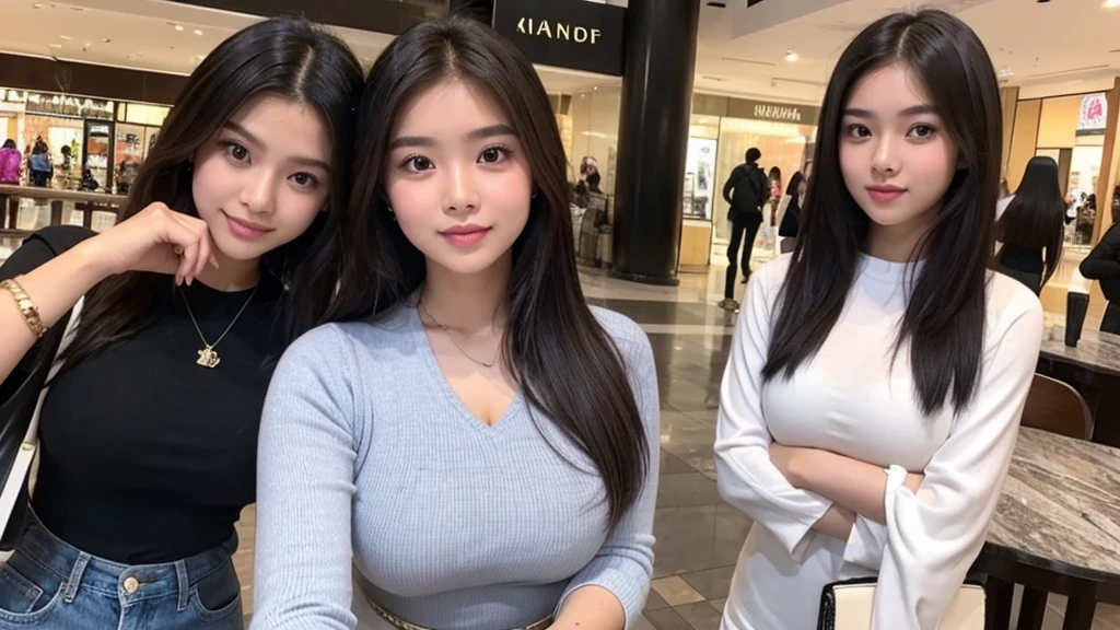 Indonesian girl 20-year-old  Hairstyle Casual, wearing  fashion rich clothes in mall selfie with her friend