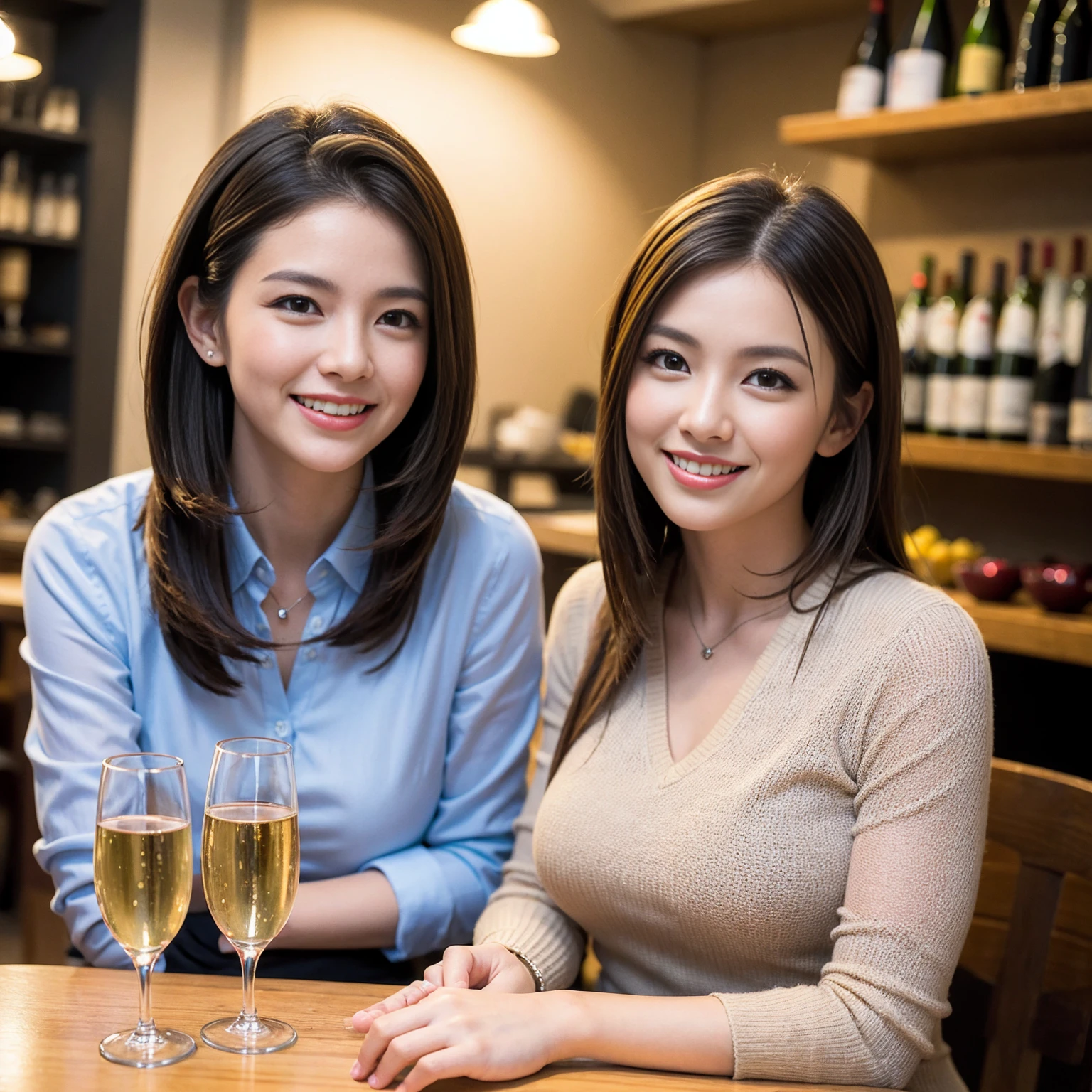 ((Highest quality、8K、masterpiece:1.3))、1 male、1 female、Couple、spouse、Couple、The body is slim、((Bob Hale、Straight hair:1.2)), (Realistic, Intricate details:1.2), テーブルの上のwine glass、Put the light on your face、 Amazing view of the sunset sky and clouds、Amazing mountain views、A bright smile、The wonderfulness of smile、Bright image、The beauty of wine, Beautiful Face, blue eyes, The light shines on your face, Blushing, short hair,Bright Face、 (Age 37), 39 years old, red wine 、Appetizers、Italian food、Wine bottle、Champagne、sparkling wine、Two beauties、Brown Hair、Shortcuts、Long sleeve shirt、dress、Beautiful woman 1, (slimな顔), (The body is slim), (Brown Hair), (Shortcuts), cheeks turn a little red,Attractive beauty、restaurant, In a prominent place (From the waist up) Nova Frog Style, actress, model, Upper Body, White wine, slim, wine glass, 中央に置かれたwine glass, smile, (smile: 1.15), Beautiful fine grain, Depth f/2,saturation, High Contrast, Strong light and shadow,Moist Body:1.5、3D texture、Delicate eyes、Brown Hair、The hair is very shiny、