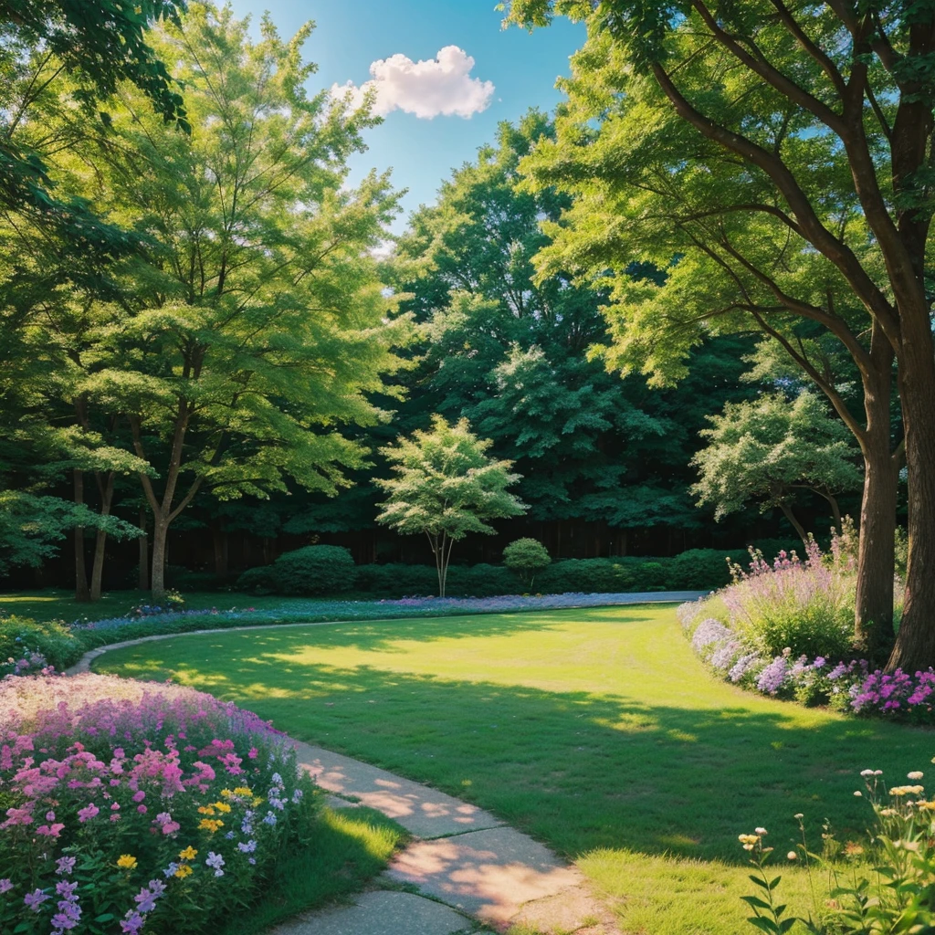 Make the most beautiful summer season landscape that you can, make it look like an anime 