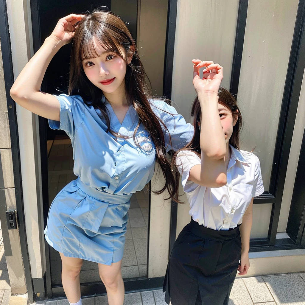 A full-body selfie photo of a pretty Japanese girl, posted on Snapchat in 2018, with smooth hair. She is wearing a summer uniform and standing from head to toe, capturing her entire figure.