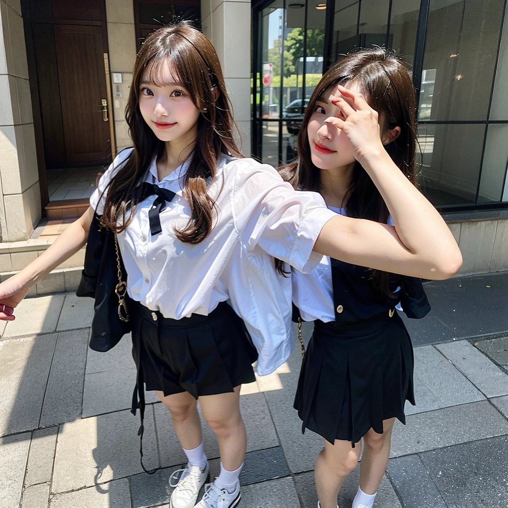 A full-body selfie photo of a pretty Japanese girl, posted on Snapchat in 2018, with smooth hair. She is wearing a summer uniform and standing from head to toe, capturing her entire figure.
