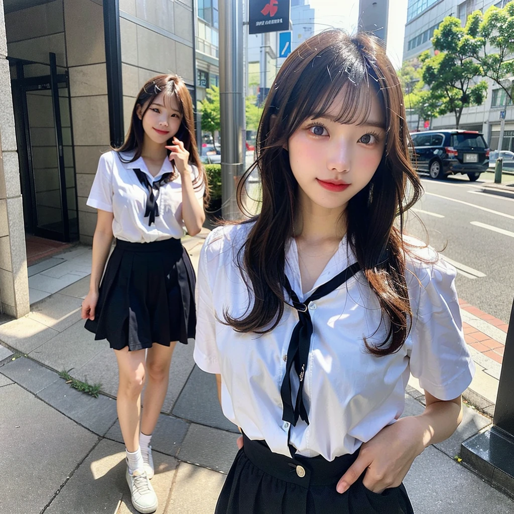 A full-body selfie photo of a pretty Japanese girl, posted on Snapchat in 2018, with smooth hair. She is wearing a summer uniform and standing from head to toe, capturing her entire figure.