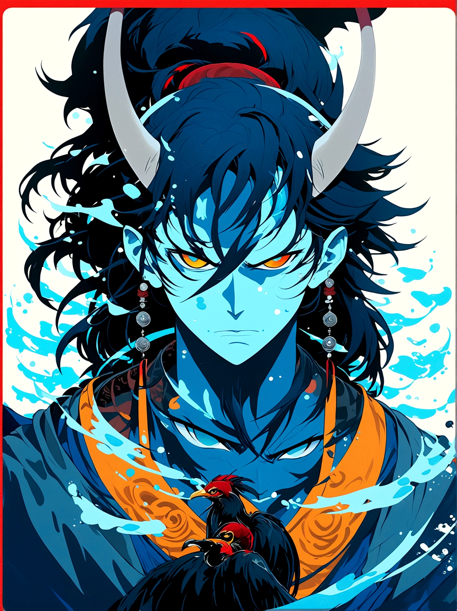 Blue Elf Boy,Horns on the head,symmetry,Orange Eyes,earrings,White hair,Japanese horror style Japanese pop surrealism, author:Yukika Kosaka, Nguyen Gia and Joao Nguyen,