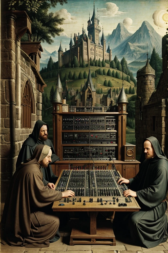 antique image of a big rack full of controls, gadgets, lights and wires and three medieval
monks wearing hood playing a synthesizer, with only one castle in the background, hieronymus bosch style, three medieval monks wearing hood, huge console full of controls and wires, three medieval monks, masterpiece