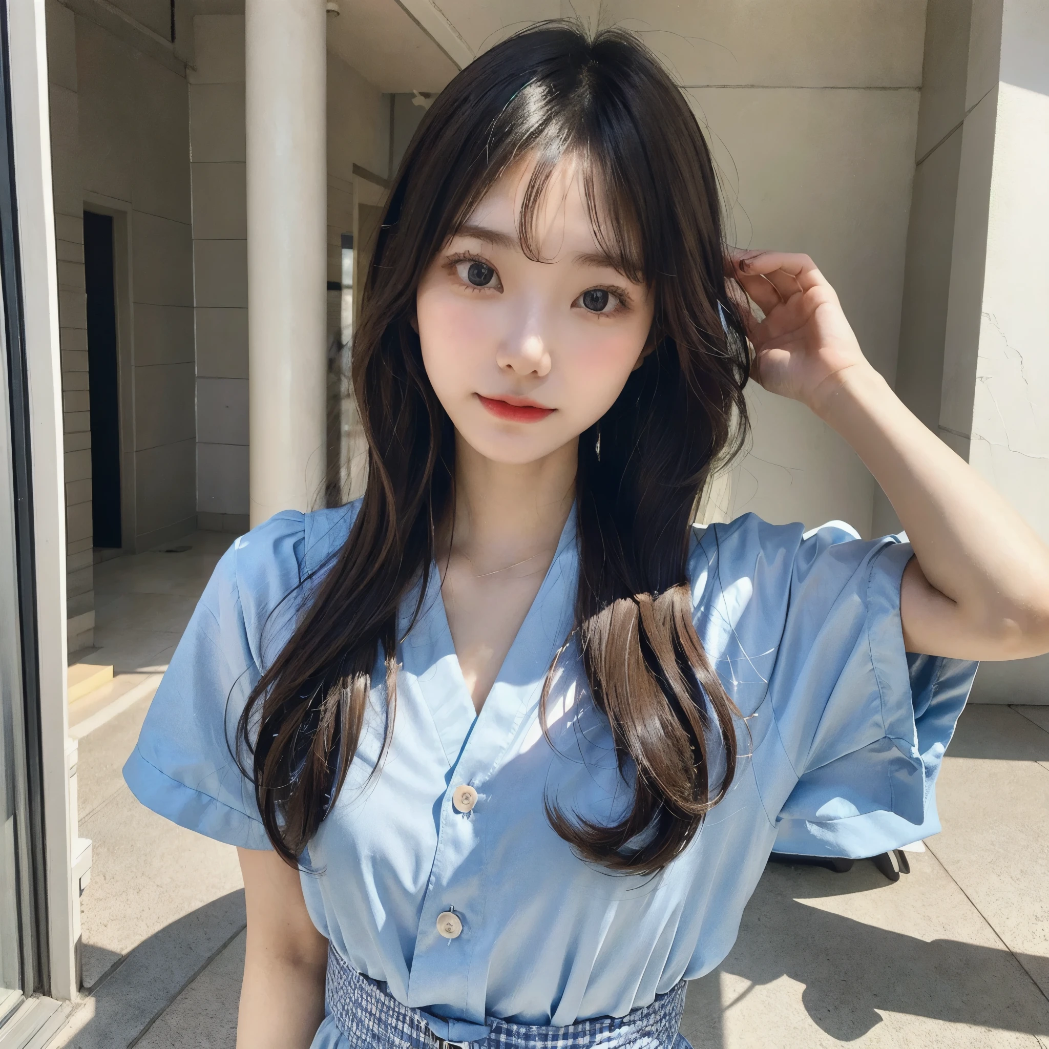 A full-body selfie photo of a pretty Japanese girl, posted on Snapchat in 2018, with smooth hair. She is wearing a summer uniform and standing from head to toe, capturing her entire figure.