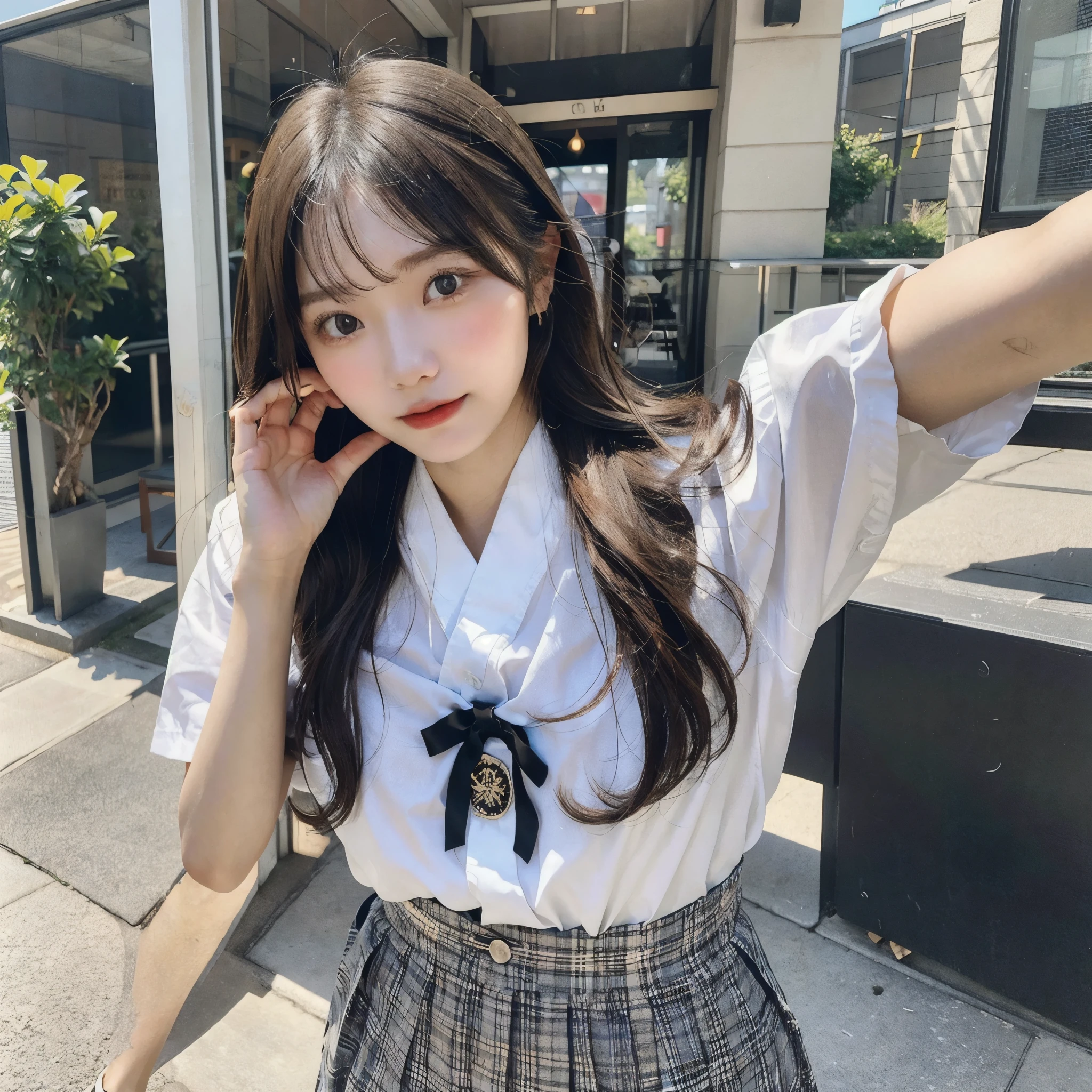 A full-body selfie photo of a pretty Japanese girl, posted on Snapchat in 2018, with smooth hair. She is wearing a summer uniform and standing from head to toe, capturing her entire figure.