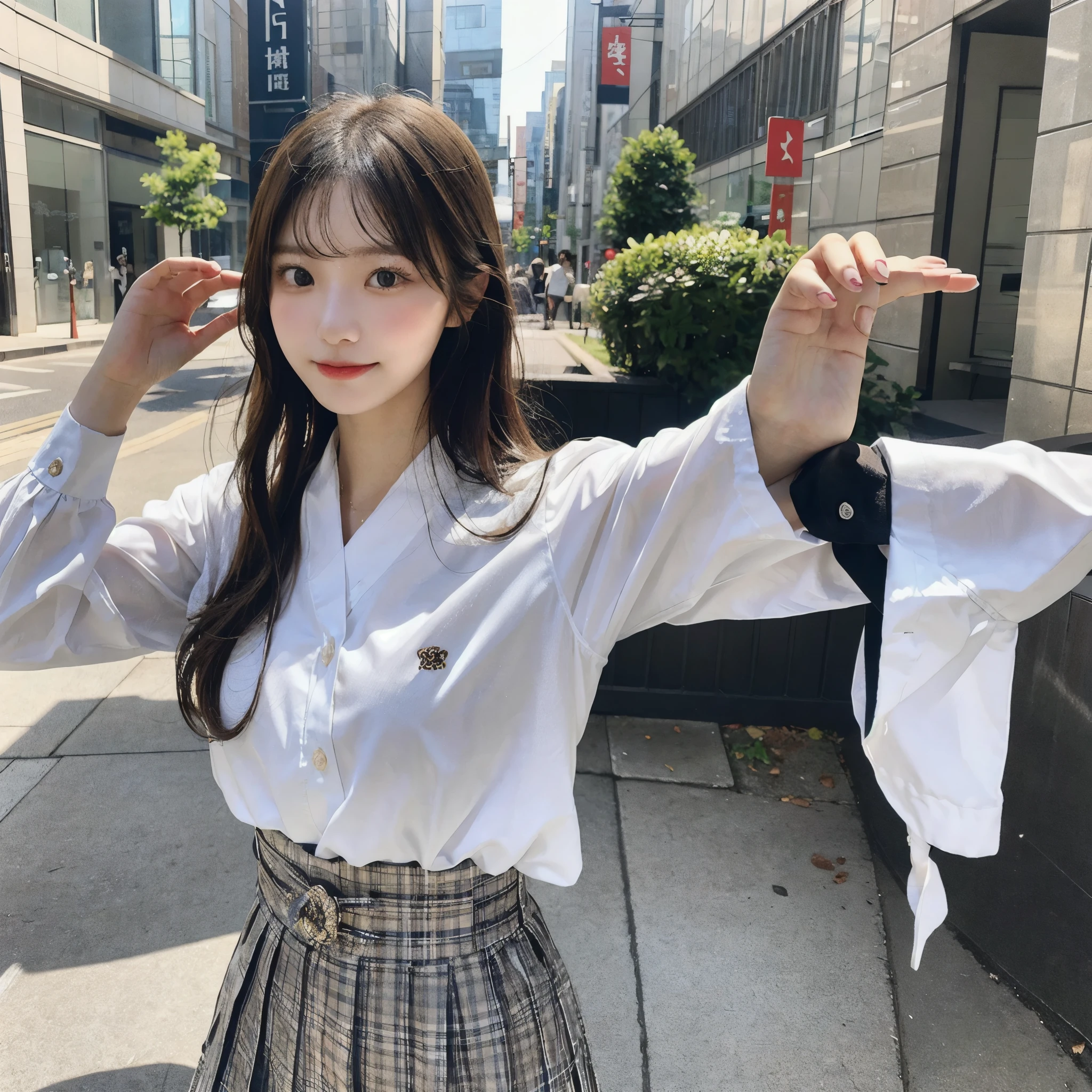 A full-body selfie photo of a pretty Japanese girl, posted on Snapchat in 2018, with smooth hair. She is wearing a summer uniform and standing from head to toe, capturing her entire figure.