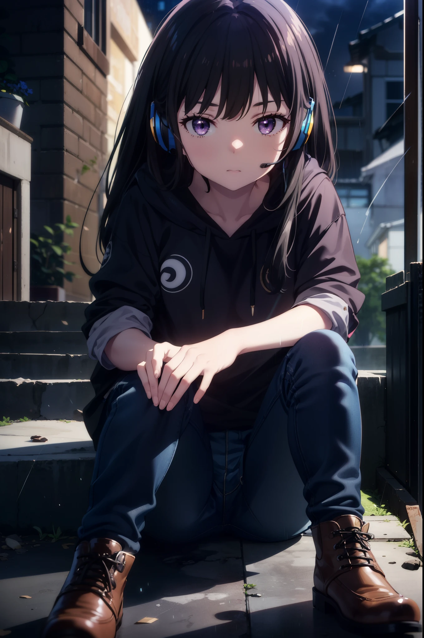 Takiuchikami, Check it out, Long Hair, bangs, Black Hair, (Purple eyes:1.2),Oversized blue hoodie,Wired headphones,jeans,short boots,Sitting on the steps of a building,Hiding in a roofed building,whole bodyがイラストに入るように,rain,cloudy,night,
break outdoors, Building district,
break looking at viewer, whole body,
break (masterpiece:1.2), Highest quality, High resolution, unity 8k wallpaper, (figure:0.8), (Beautiful attention to detail:1.6), Highly detailed face, Perfect lighting, Highly detailed CG, (Perfect hands, Perfect Anatomy),