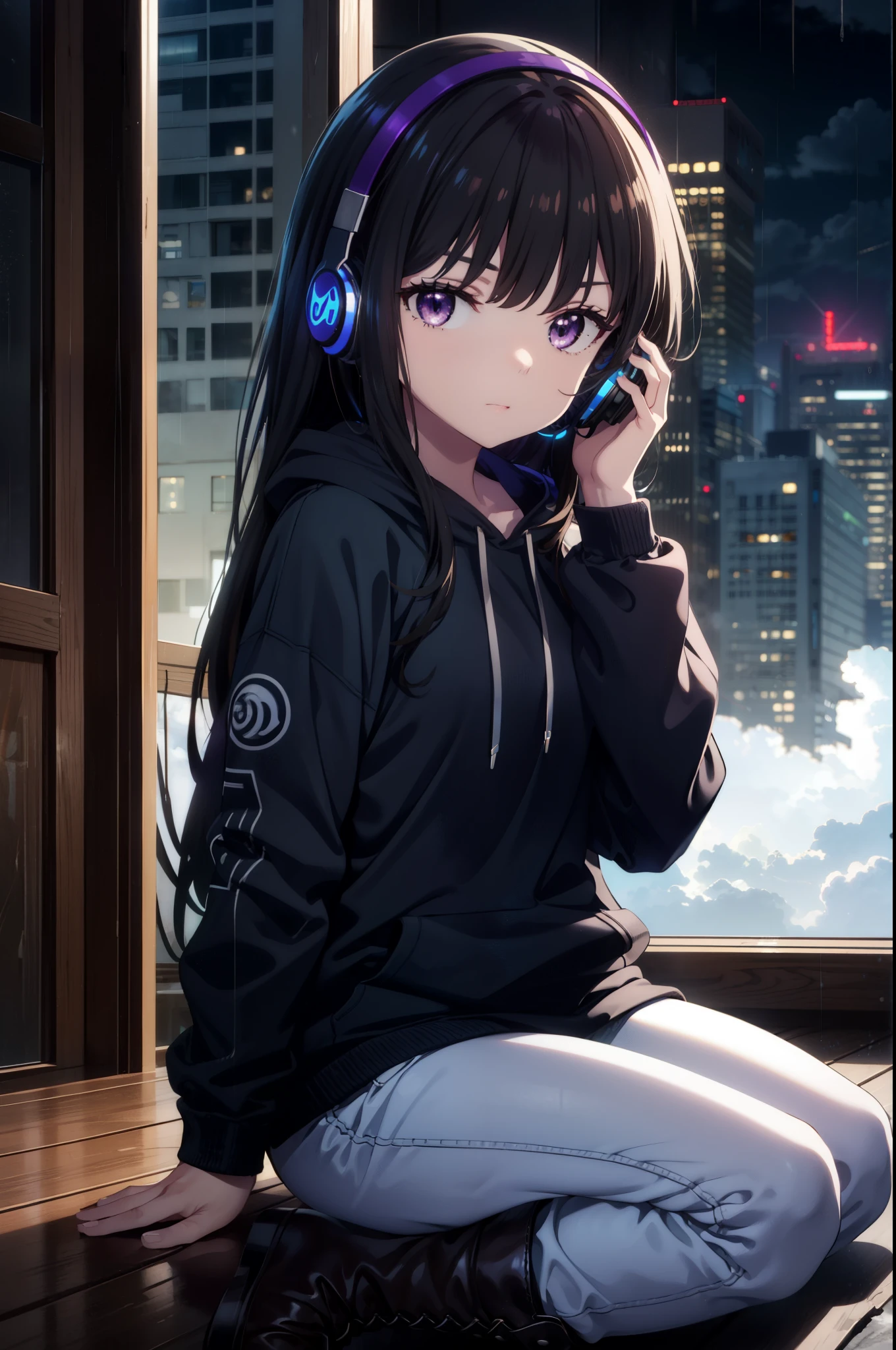 Takiuchikami, Check it out, Long Hair, bangs, Black Hair, (Purple eyes:1.2),Oversized blue hoodie,Wired headphones,jeans,short boots,Sitting on the steps of a building,Hiding in a roofed building,whole bodyがイラストに入るように,rain,cloudy,night,
break outdoors, Building district,
break looking at viewer, whole body,
break (masterpiece:1.2), Highest quality, High resolution, unity 8k wallpaper, (figure:0.8), (Beautiful attention to detail:1.6), Highly detailed face, Perfect lighting, Highly detailed CG, (Perfect hands, Perfect ???????),