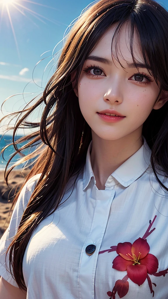 Tropical sandy beach、(logo、masterpiece、8K、Tabletop、RAW Photos、wonderful、最high quality、Photorealistic and very detailed CG synthesis 8k wallpaper、high quality、Very detailed、narrative poem、particles effect、Dynamic Effects、Depth of written boundary、Cinematic Light、Lens flare、Ray Tracing)、Fantasy、 (1 beauty、Cherry blossom shirt、Black-haired、Beautiful Face、True Face、Beautiful details、eye、Beautiful Skin)、髪がwindで踊る、Hair flutters in wind、Hair bounces、wonderful view、Morning Glow、Sun in the background、wind、