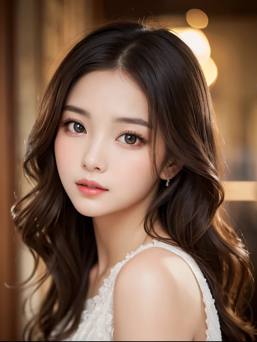 It features a young woman with long, wavy, dark hair that falls over her shoulders.。She has delicate heart-shaped features、Cheeks slightly red、The lips are slightly open and plump。Her skin is smooth and fair、Gives an elegant and fantastic impression。Big, expressive eyes、Framed by strong eyebrows、It's subtly accentuated with light pink eyeshadow and mascara.。She wore a simple white spaghetti strap top.、It enhances the overall simplicity and elegance。The background is minimal and blurred.、The soft lighting highlights her facial features and hair texture.。The lighting is soft and diffused.、The front lighting creates a soft, intimate feel for her face and hair.。The scene has no noticeable accessories or extras.、The focus is on her natural beauty and serene expression.。This image is a close-up portrait view.、It accentuates her facial features and upper body.。With a vertical aspect ratio、High resolution quality、It captures minute details like individual strands of hair and the subtle texture of skin.。