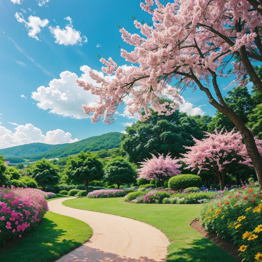 Make the most beautiful summer season landscape that you can, make it look like an anime, make it look more summery, the main focus is summer