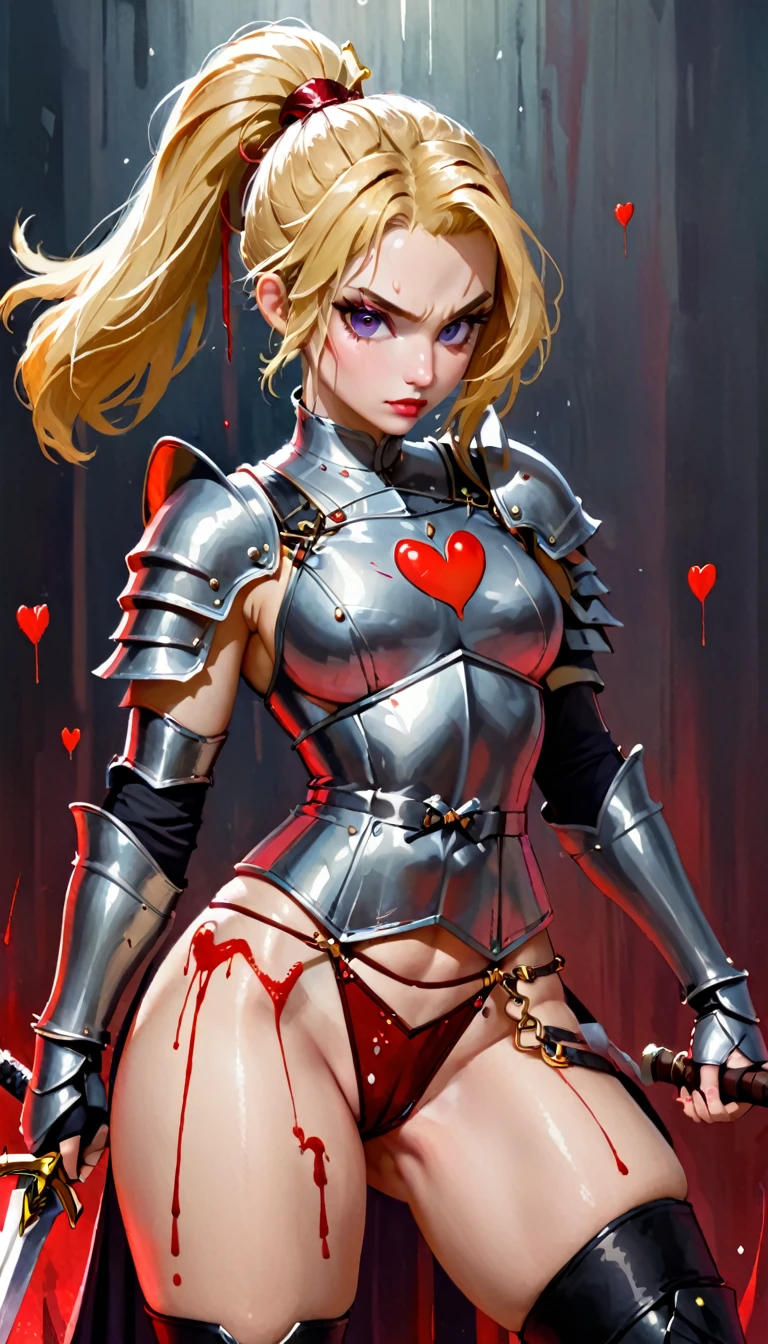 icon with a heart, sword and blood, sexy warrior girl in full armor (art inspired by Bill Sienkiewicz). oil painting)
