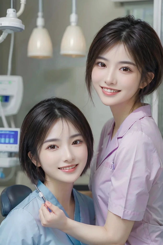 ((masterpiece)), ((Highest quality)), Reality, high resolution, Ultra-detailed,2 women,Dental hygienist, 30th Generation, Delicate facial features, short hair, smile, dental clinic, ((indirect lighting)), Upper Body,Wearing medical scrubs,Harmony々