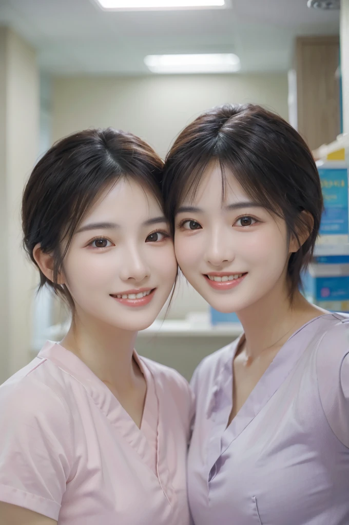 ((masterpiece)), ((Highest quality)), Reality, high resolution, Ultra-detailed,2 women,Dental hygienist, 30th Generation, Delicate facial features, short hair, smile, dental clinic, ((indirect lighting)), Upper Body,Wearing medical scrubs,Harmony々