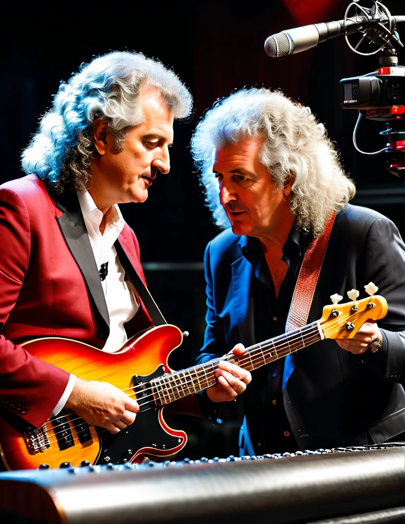 James May Interviews Brian May on a Popular Science TV Show, Discussing the Sound Wave Dynamics of an Acoustic Bass, insanely detailed tv studio properties, bbc cinematic scene, masterpiece professional photograph, shallow depth of field, studio lighting