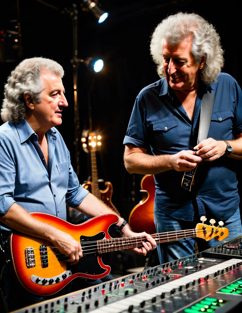 James May Interviews Brian May on a Popular Science TV Show, Discussing the Sound Wave Dynamics of an Acoustic Bass, insanely detailed tv studio properties, bbc cinematic scene, masterpiece professional photograph, shallow depth of field, studio lighting
