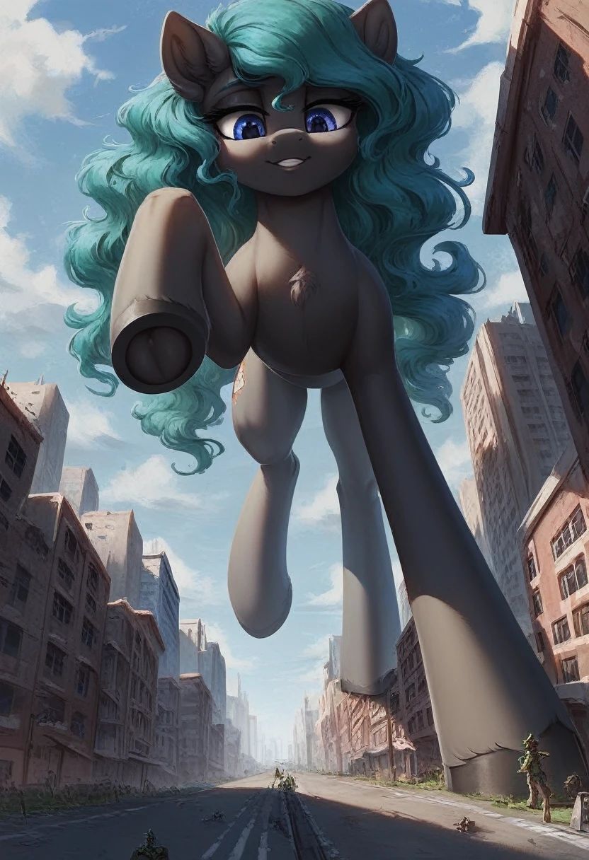 score_9, score_8_up, score_7_up, 2girls, 2female, 1 girl, 1 girl, duo, twice, giantess, macro, giant pony, (character1: white body, blue hair, wavy hair, purple eyes), (character2: black body, green hair, straight hair, blue eyes), anatomically correct, feral anatomy, good anatomy, depth of field, muted colors, extremely high quality RAW photograph, earth pony, semi-anthro, female, ponified, fluff chest, (walking through the city, view from below, close-up, focus), (background: among buildings, narrow streets, as tall as buildings), underhoof, doom, looming