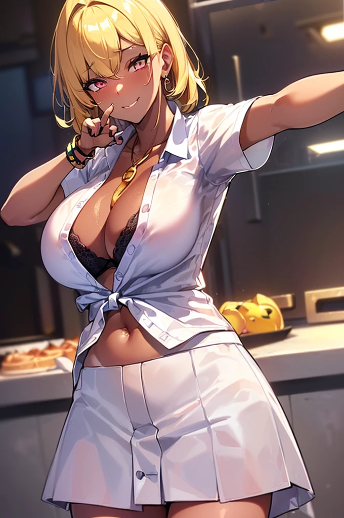 {masterpiece, distinct_image, extremely detailed CG, beautiful eyes and detailed face,realistic, photo realistic, 4k, 8k, high_resolution,perfect_finger, (beautiful_detailed_eyes:1.3), glitter, white_light, (glow_white_face, front_light:1.3), summer_light{1girl, face_focus,cowboy_shot, looking for_in_viewer, standing, (piece sign pose:1.6) },{adult, curvy, (huge_breasts, wide_hip:1.3), navel, skinny_stomach,tight_gap, groin, (white_short_sleeve_Cropped_top_button_shirt, tied_the_ends_of_the_shirt, short_blue_tennis_skirt, cleavage, {hidden yellow_leopard print bra in a white shirt:1.8}, (tanning_skin, black_skin:1.6), pink_nails, gold earrings, black neck choke, white collar, golden bracelet :1.5),(yellow_hair, pink_eyes, long_hair, slanted_eyes, bangs:1.4), (smiling face:1.3), sweat, white background}