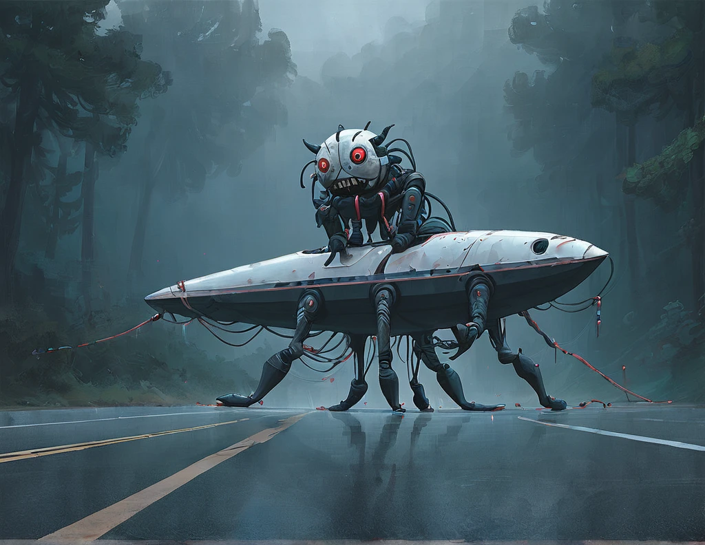 ssta, road, car with canoe, tall mech with toy face, wires, smaller mech drone people with glowing red eyes