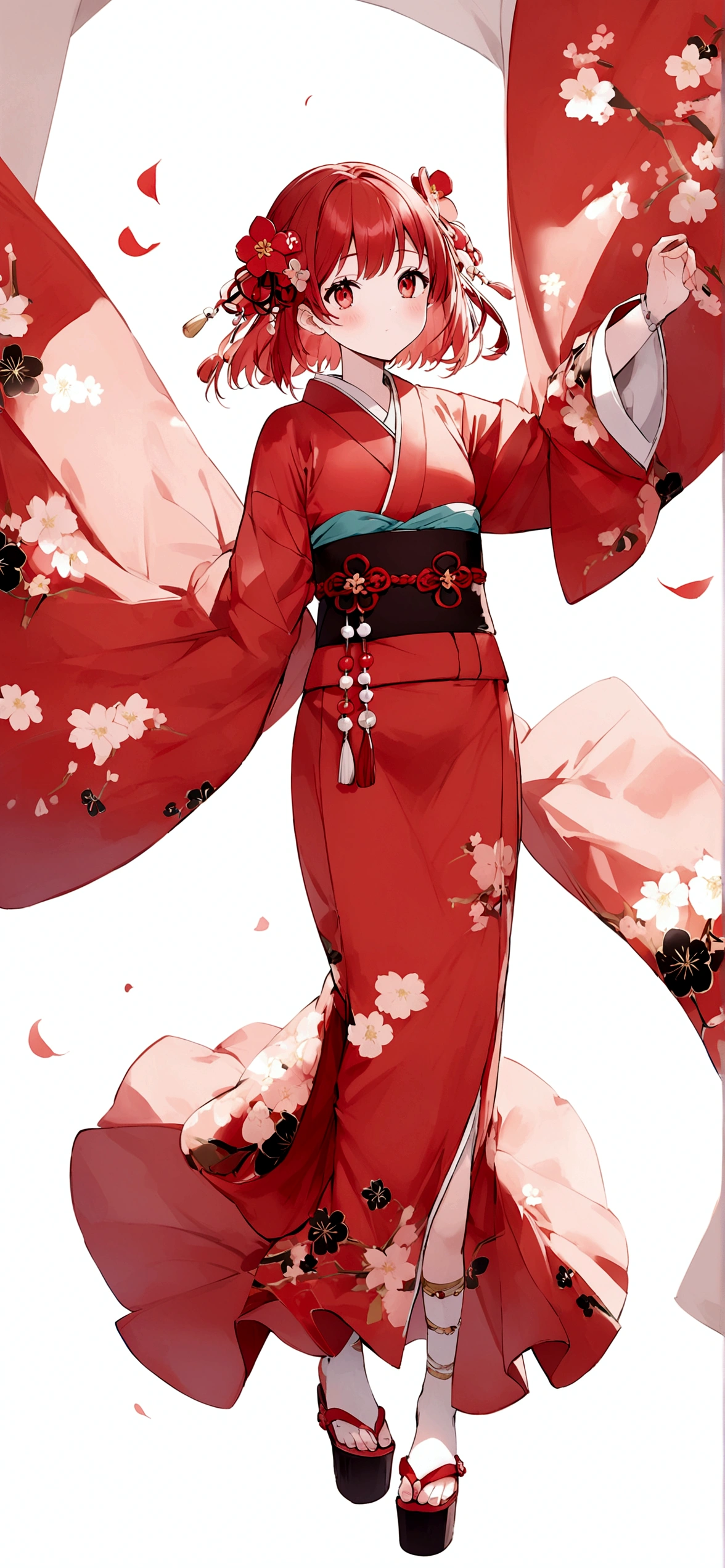 White background、Red kimono、Red Hair、Red eyes、Plum blossom accessories、25 year old sister、whole body
