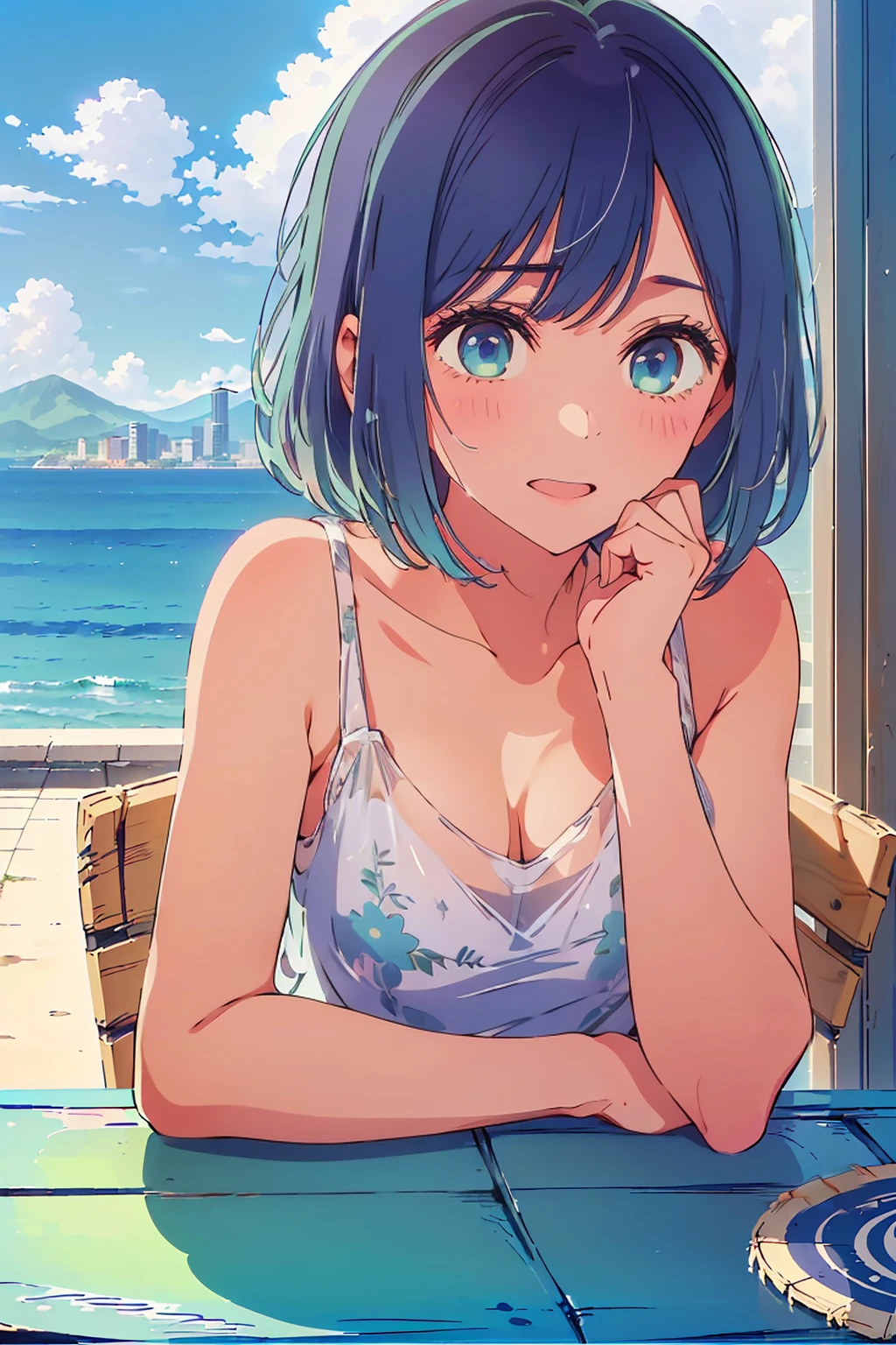 (Highest quality:1.4、masterpiece:1.4、Super detailed:1.4、Ultra-high resolution:1.4、8K:1.4)、F cup bust、Big Breasts、Slim body、((((1 person、Surprised expression、sit、Chair、In the background are the urban buildings of Tokyo、looking at the camera、Outdoor café terrace、coastal、juice、Shooting up close、table、Very cute face))))、(Pose with hands tucked behind ears:1.4、Cheek resting on hand:1.4）、((nude、very beautiful areola、camisole、Seamless see-through top))、Very blue sky、A completely cloudless sky、Big eyes