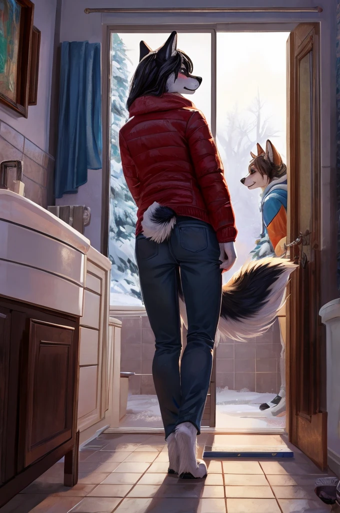 anthro female husky, ager, slim feminine body, home bathroom, family in background, young, (detailed lighting), fluffy tail, (detailed fur), (detailed background), [detailed ambient light], [gray natural lighting], [realistic proportions], [explicit content], [sharp focus], ((masterpiece)), anatomically correct canine pussy, black genitalia, black anus, bright summer day, winter jacket, well lit genitals, presenting anus, long slim legs, surrounded by people, detailed canine pussy, puffy anus, pulling down pants, winter pants, pink panties, blushing, brushing hair,