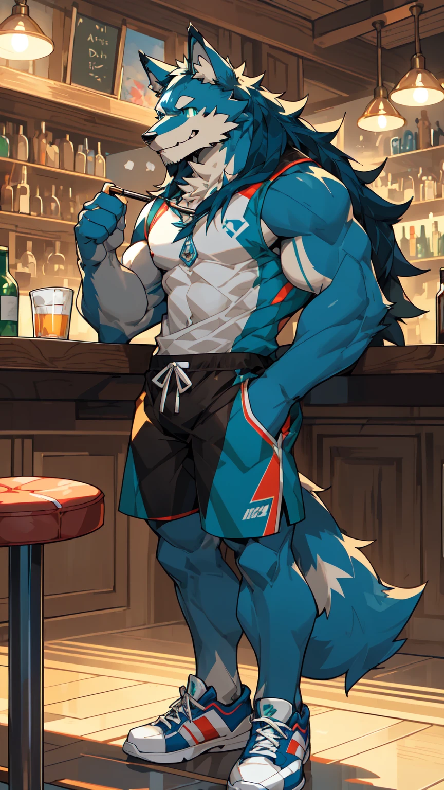 Sunlight,high resolution,4K,love,(((whole body))),masterpiece,high quality,Brave and bold,((Wolf)),male,((At the bar:1.3)),WolfFurry,(Middle-aged uncle),hairy,((charming,Smiling Face,Long hair)),((peaceful,Moderate)),((strong,Tall stature:1.3,thin long ears:1.2,Well-proportioned limbs:1.3,Wolf尾巴:1.3,Meat pad)),(((Red and black sports shorts,Blue sneakers))),(((Green ears,Dark blue head,dark blue back,Dark blue limbs,White chest,White belly,Blue pupils))),charming脸庞,Eyes for detail,Detailed body,Detailed hands